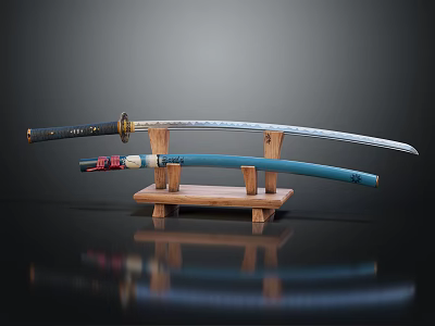 Traditional Samurai Katana with Dragon Pattern Scabbard on Wooden Display Stand 3d model