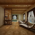 Luxury SPA Sauna Interior With Wooden Ceiling Carved Screen Loungers And Swimming Pool 3d model
