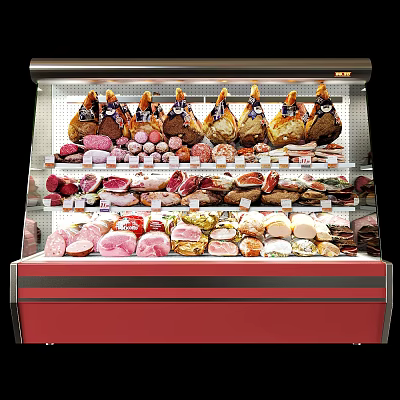 Well Lit Refrigerated Display Case With Organized Shelves And Various Meat Products 3d model