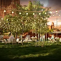 Cozy Camping Camp with Green Grass Tents String Lights and Wooden Tables