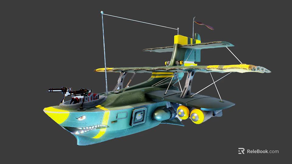 Vintage Biplane Seaplane With Shark Mouth Design Yellow Blue Color And Floats 3d model 
