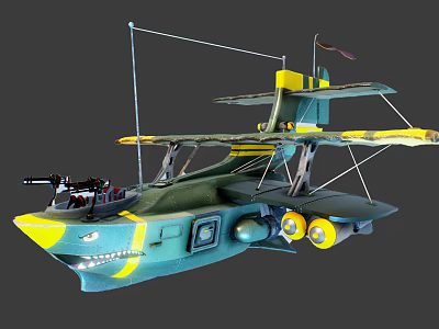 Vintage Biplane Seaplane With Shark Mouth Design Yellow Blue Color And Floats 3d model