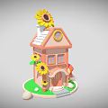 Cartoon Style House Scene With Sunflowers Red Umbrella Roof Clock And Small Eggs