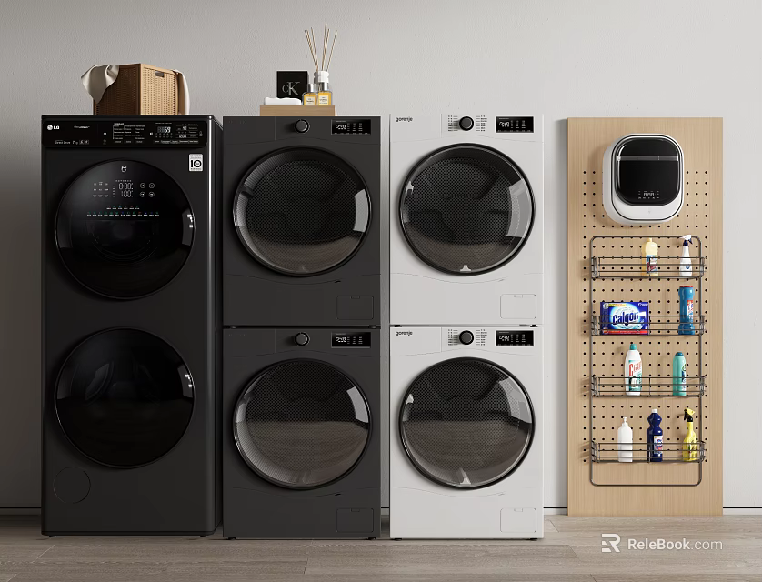 Stackable Black and White Washer Dryer with Modern Wall Storage Rack and Laundry Supplies 3d model