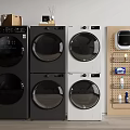 Stackable Black and White Washer Dryer with Modern Wall Storage Rack and Laundry Supplies 3d model