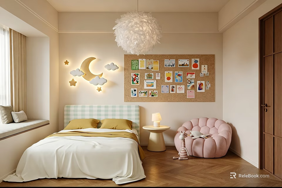 Cozy Kids Room With Green Checkered Headboard Pink Cloud Chair Corkboard And Moon Star Lights 3d model 