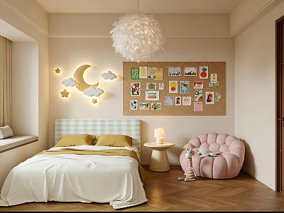 Cozy Kids Room With Green Checkered Headboard Pink Cloud Chair Corkboard And Moon Star Lights 3d model