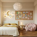 Cozy Kids Room With Green Checkered Headboard Pink Cloud Chair Corkboard And Moon Star Lights