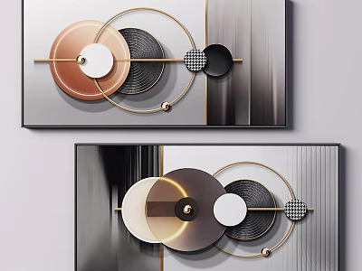 Modern Abstract Wall Art With Geometric Circles Gold Lines And Striped Background 3d model