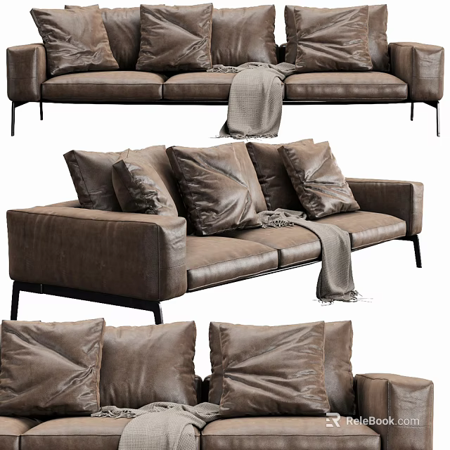 Brown Leather Three Seater Sofa With Pillows Throw Blanket And Metal Legs 3d model 
