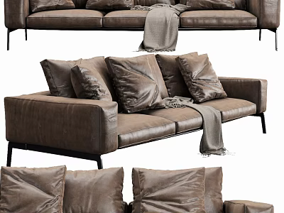 Brown Leather Three Seater Sofa With Pillows Throw Blanket And Metal Legs 3d model