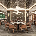 Elegant Luxurious Banquet Hall Interior With Decorative Ceiling Landscape Painting And Round Dining Tables