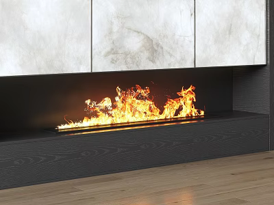 Modern Linear Fireplace With Flames And Marble Panels On Wood Floor 3d model