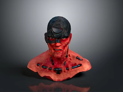 Red And Black Mechanical Bust Sculpture With Mask Design And Intricate Details 3d model