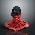 Red And Black Mechanical Bust Sculpture With Mask Design And Intricate Details