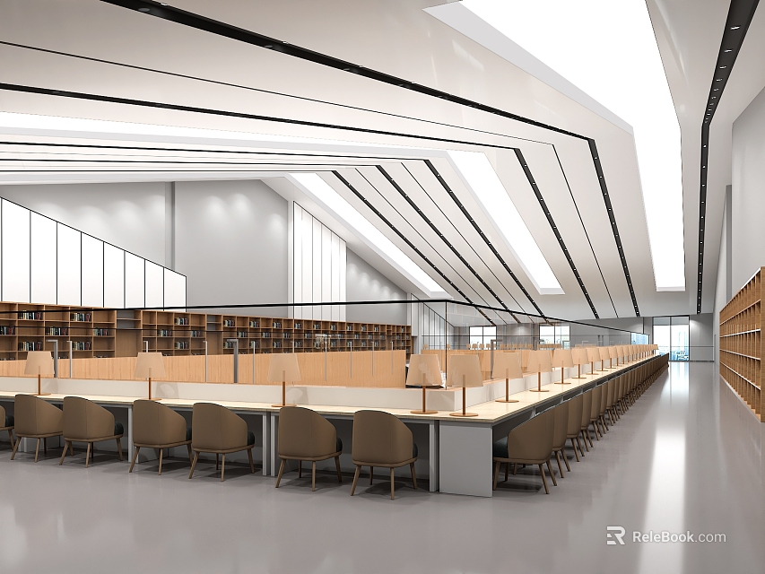 Modern Book Art Interior Design With Wooden Shelves Comfortable Seating And Geometric Lighting 3d model 