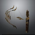 Ornate Golden Bow Weapon With Feathered Arrows And Decorative Arrow Quiver