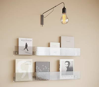 Decorative Transparent Glass Storage Shelf With Books And Wall Lamp On Beige Wall 3d model