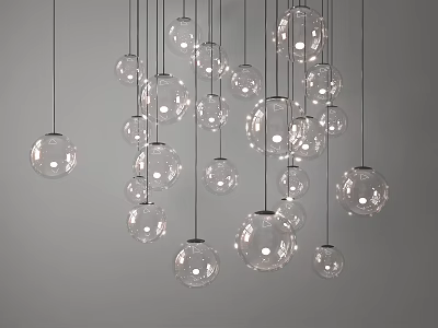Multiple Hanging Transparent Glass Sphere Pendant Lights with Light Bulbs Against Gray Background 3d model