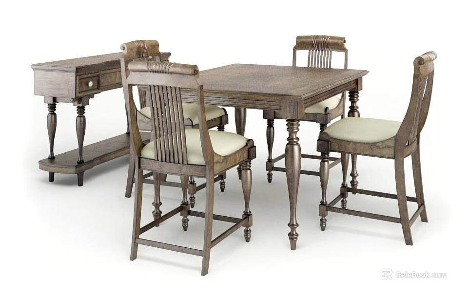 Classic Wooden Dining Table Set with Upholstered Chairs and Sideboard 3d model