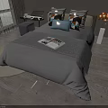 Double Bed with Gray Bedding Colorful Pillows Scenic Window View Wooden Floor and Bedside Lamp