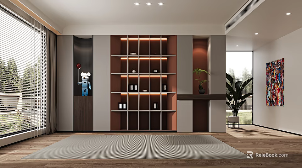 Modern Wooden Wine Cabinet With Glass Shelves And LED Lighting In Living Room Interior 3d model 