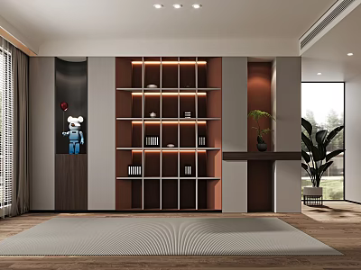 Modern Wooden Wine Cabinet With Glass Shelves And LED Lighting In Living Room Interior 3d model