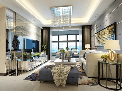 Modern Living Room Interior Design With Chandelier Sofa Coffee Table And Decorative Painting 3d model
