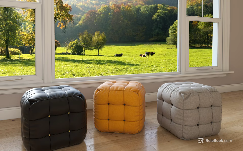 Black Orange and Gray Square Leather Ottoman Poufs by Window with Green Lawn View 3d model 