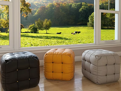 Black Orange and Gray Square Leather Ottoman Poufs by Window with Green Lawn View 3d model