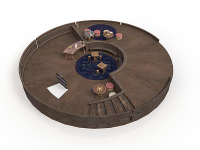 Circular Wooden Building Interior With Spiral Design And Traditional Furniture And Decorative Elements 3d model