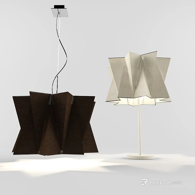 Modern Folded Design Lamp Set With Brown Pendant And White Table Light 3d model