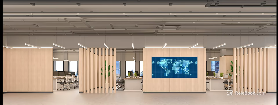 Modern Public Office Space With Open Layout Workstations Green Plants And World Map Wall 3d model 