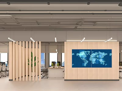 Modern Public Office Space With Open Layout Workstations Green Plants And World Map Wall 3d model