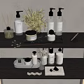 Stylish Organized Bathroom Shelves With Skincare Bottles Diffusers And Olive Plant