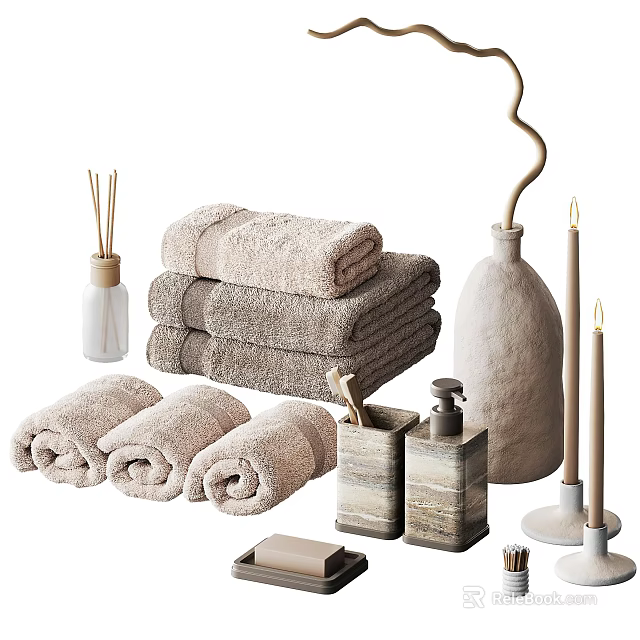 Cozy Bathroom Essentials With Towels Diffuser And Candles 3d model 