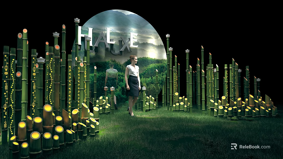 Halo Luxe Scene With Woman Standing Among Lit Bamboo And Circular Arch On Green Grass 3d model 