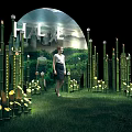 Halo Luxe Scene With Woman Standing Among Lit Bamboo And Circular Arch On Green Grass