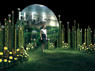 Halo Luxe Scene With Woman Standing Among Lit Bamboo And Circular Arch On Green Grass 3d model