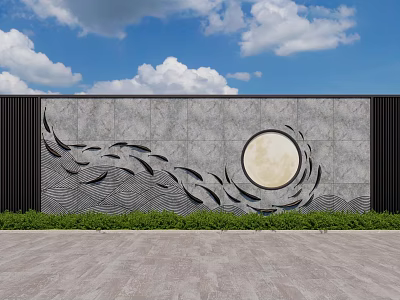 Natural Stone Feature Wall With Carved Wave Patterns And Circular Moon Design Elements 3d model