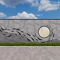 Natural Stone Feature Wall With Carved Wave Patterns And Circular Moon Design Elements 3d model