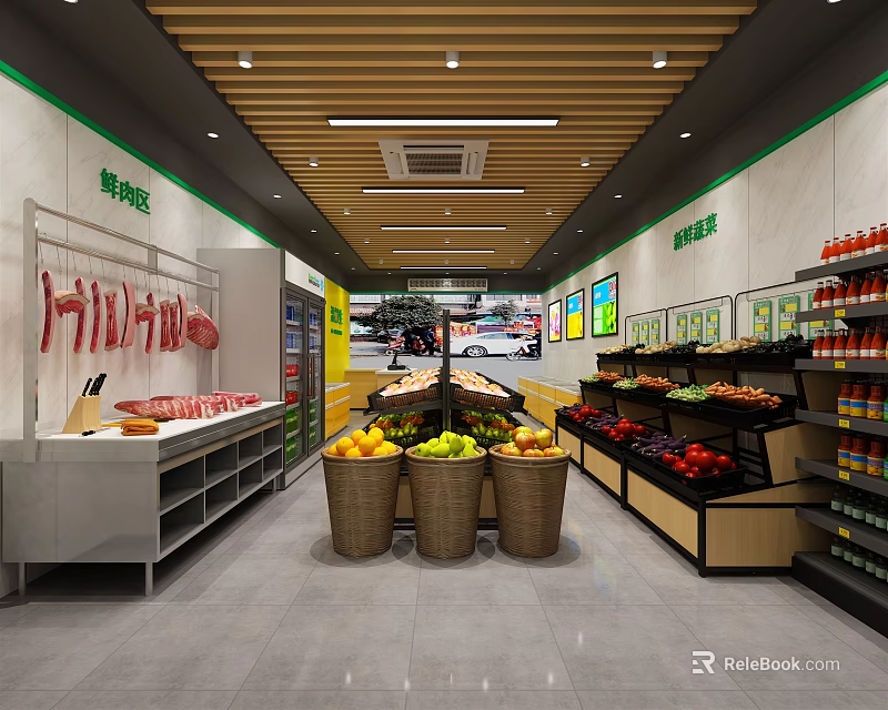 Fresh Fruit Store Interior With Assorted Fresh Fruits On Display Shelves And Neat Layout 3d model 