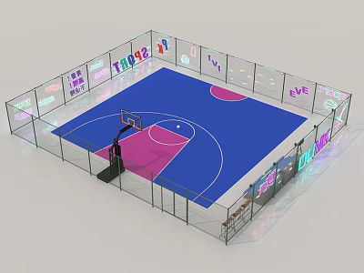 Colorful Text Transparent Fenced Basketball Court With Blue Pink Floor Hoop And Benches 3d model