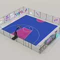 Colorful Text Transparent Fenced Basketball Court With Blue Pink Floor Hoop And Benches