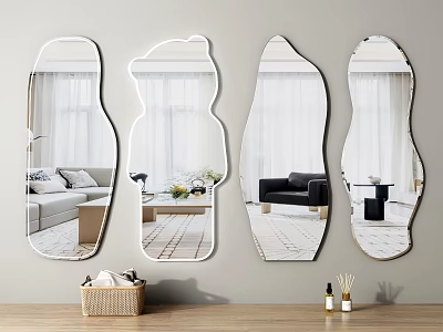 Wall Mounted Mirrors In Various Shapes Reflecting Living Room Sofa Coffee Table And Plants 3d model