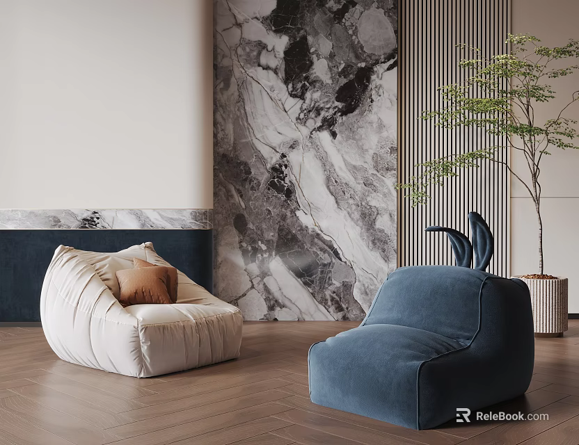 Stylish Neutral And Blue Bean Bag Chairs With Marble Accent Wall Wooden Flooring Green Plant 3d model 