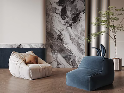 Stylish Neutral And Blue Bean Bag Chairs With Marble Accent Wall Wooden Flooring Green Plant 3d model