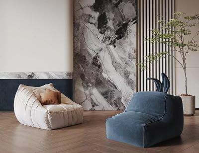 Stylish Neutral And Blue Bean Bag Chairs With Marble Accent Wall Wooden Flooring Green Plant 3d model