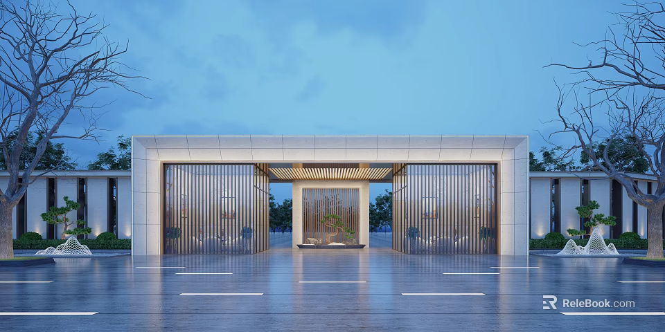 Modern Entrance Gate Design with Stone Frame Vertical Metal Grilles and Courtyard Landscape 3d model 