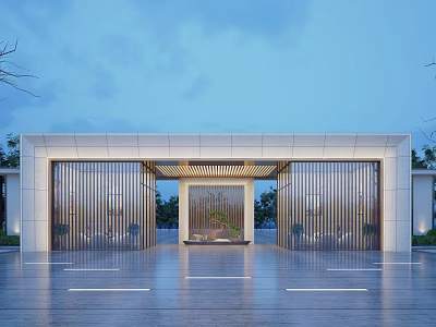 Modern Entrance Gate Design with Stone Frame Vertical Metal Grilles and Courtyard Landscape 3d model